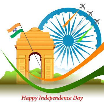 Happy Independence Day India Poster with India Gate Monument, Large Ashoka Chakra Wheel, Tricolor Flag and Fighter Jets Flypast Illustration Design