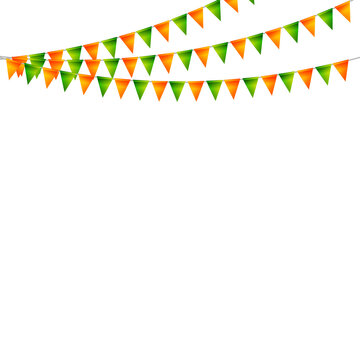Indian Independence Day Bunting Flags Border with Orange White and Green Triangle Pennants on White Background for 15 August Republic Day Decoration