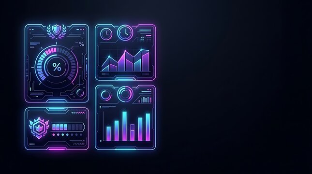 Futuristic neon data dashboard with digital charts and graphs