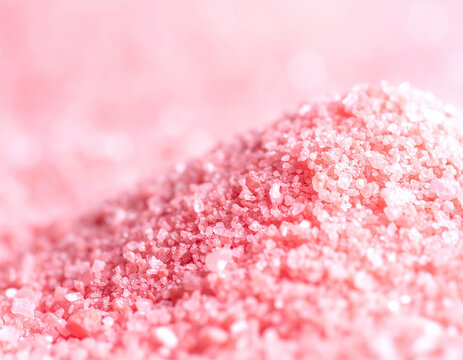 A macro closeup of pure pink bath salt crystals piled up against a soft, dreamy bokeh background. This serene, therapeutic wellness image features nobody and evokes pure calm.