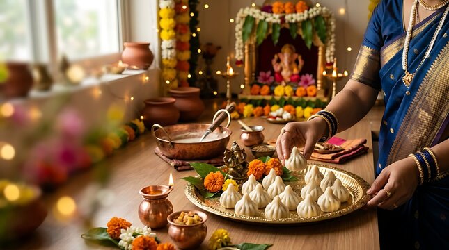 Indian Woman Offering Modaks for Ganesh Chaturthi Celebration