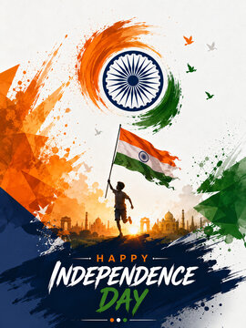 Happy Independence Day India 15 August Poster with Boy Running and Holding Tricolor Flag, Ashoka Chakra and City Skyline, Watercolor Splash Patriotic Background