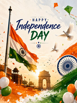 Happy Independence Day India 15 August Poster with India Gate Monument, Tricolor Flag, Ashoka Chakra, Kites and Doves Flying, Watercolor Splash Patriotic Background