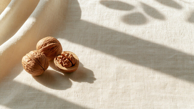Aesthetic Walnuts on Linen Fabric with Leaf Shadows and Copy Space 