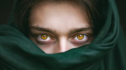 Naklejka premium Person with eyes partially covered by a green fabric