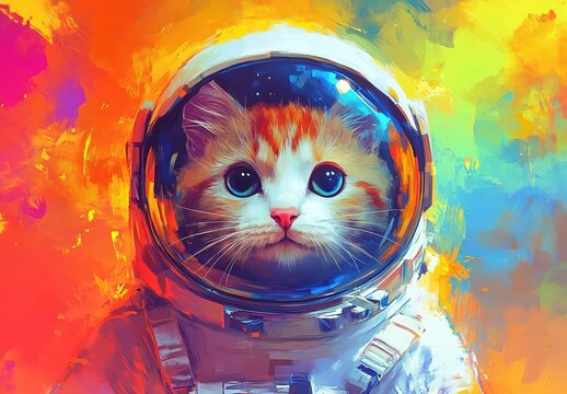 Cute, colorful cat in an astronaut suit, digital art style, illustration painting, front view, close-up shot, colorful background