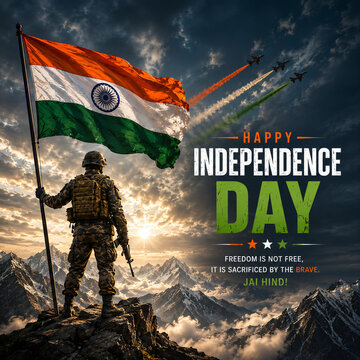 Happy Independence Day India 15 August Poster with Indian Army Soldier Holding Tricolor Flag on Mountain, Freedom Is Not Free It Is Sacrificed by the Brave, Jai Hind