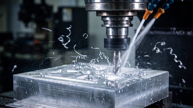 Industrial cnc milling machine cutting a metal part with coolant spray and flying metal shavings closeup