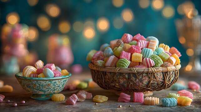 Colorful Easter Eggs in Woven Basket with Chocolate Candy and Sweet Confectionery Isolated on White Background for Holiday Celebration and Festive Dessert Theme