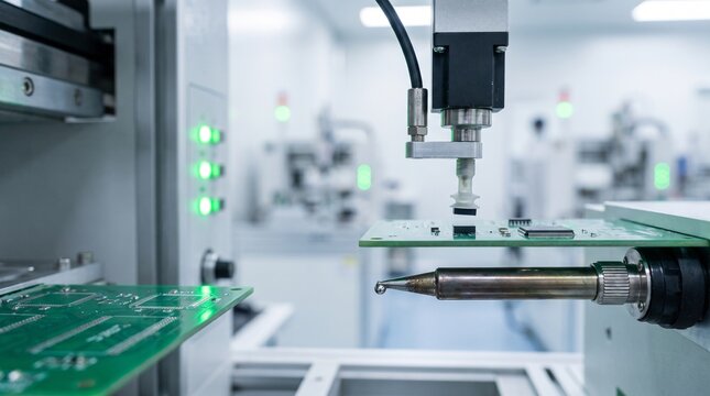 Automated robotic arm placing electronic components on a green circuit board in a modern factory setting