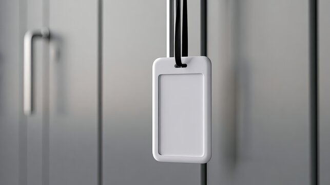 Blank White Badge Hanging on a Lanyard in Front of Lockers.