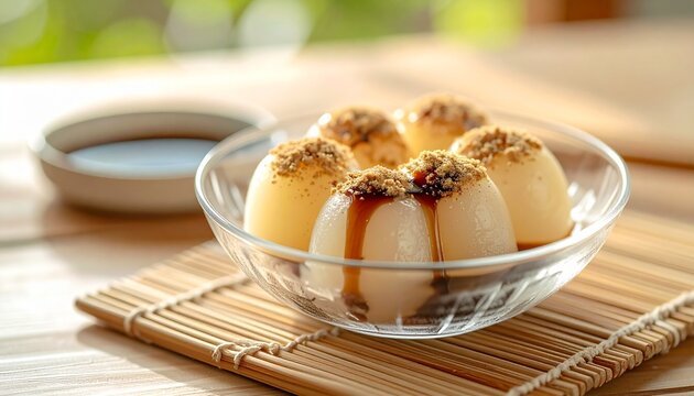 Japanese Warabimochi Dessert with Kinako Powder and Kuromitsu Black Sugar Syrup
