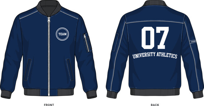 Blue Varsity Bomber Jacket Mockup with Front and Back University Athletics Design Template for Team Apparel Branding