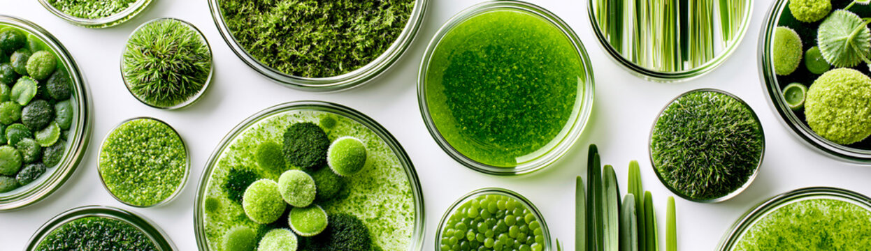 Placas de Petri com culturas de microalgas, espirulina e amostras de plantas verdes para pesquisa em biotecnologia, vis&atilde;o superior.