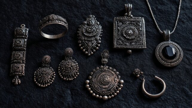 Collection of antique traditional silver jewelry arranged on black paper background, elegant vintage ethnic ornaments featuring intricate handcrafted details, classic heritage accessories for fashion,