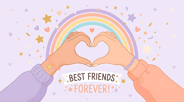Best friends forever illustration hands making heart shape against rainbow