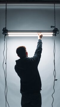 From behind, a man fine-tunes a studio light, getting ready for a photoshoot. The image depicts the meticulous process of setting up lighting in a studio, symbolizing the creative and technical