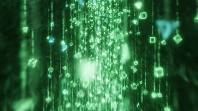 Abstract digital data flow stream green cubes animation