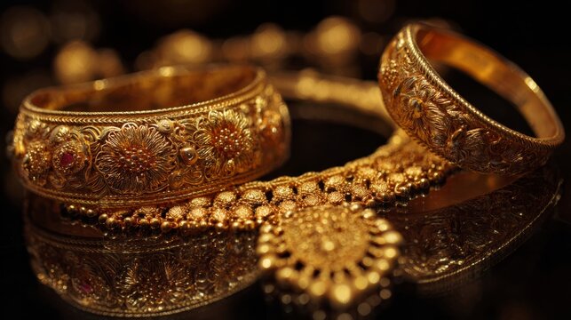 Luxurious gold jewelry collection featuring elegant necklace, earrings, ring and bracelet with brilliant gemstones on premium display for wedding, engagement, anniversary, fine luxury fashion, gift an