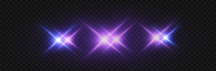 Obraz premium Set of glowing purple and blue lens flare light effects for overlay design