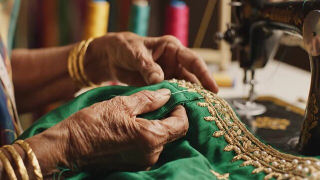 Elderly hands stitching intricate green fabric with golden thread detail