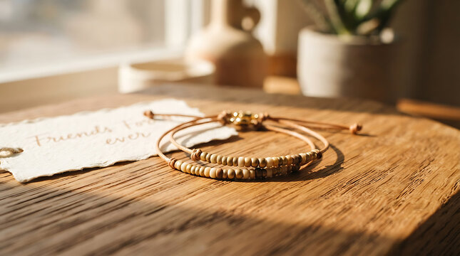 Artisanal beaded friendship bracelets resting on a rustic wooden table surface
