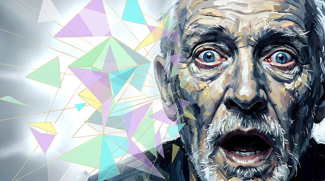 Close-up portrait of elderly man with colorful geometric overlay