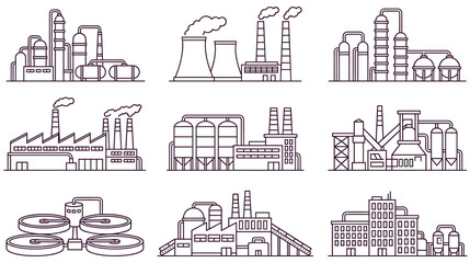 Fototapeta premium Industrial factory buildings, manufacturing plant and power station outline icons.