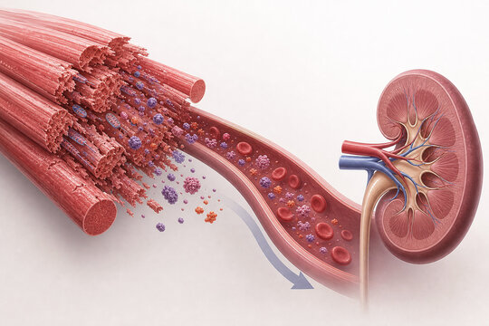 Rhabdomyolysis proteins moving from damaged muscle to kidney