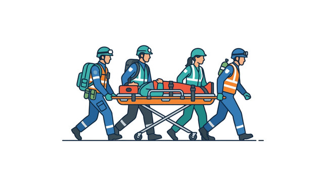 Four rescue workers carrying a patient on a stretcher in a line illustration.