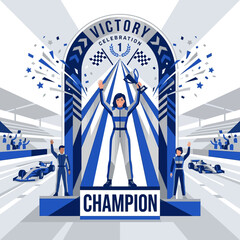 Obraz premium Excited Champion Ascends To Victory On Podium With Trophy In Racing Competition