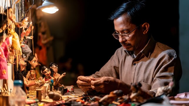 A man carefully crafts traditional puppets under warm lighting surrounded by colorful handmade figures and tools
