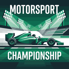 Obraz premium Exciting Green Formula One Race Car Speeding Towards Motorsport Championship Victory Under Stadium
