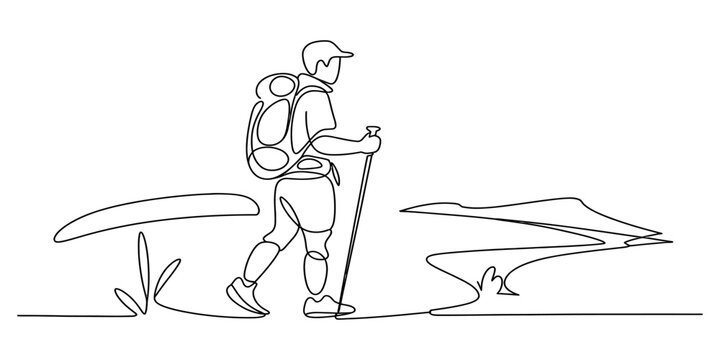Continuous single line drawing of a man hiking with a backpack and trekking pole while walking on a mountain trail path in nature Vector, illustration