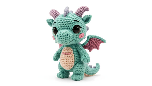 Cute handmade crocheted green baby dragon toy standing isolated on a white background with copy space