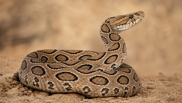 Coiled Russells viper on warm neutral desert background