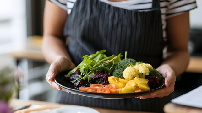 A person wearing an apron holds a black plate filled with fresh vegetables including broccoli  cauliflower  tomatoes  and leafy greens