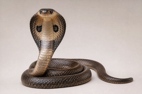 Spectacled cobra with flared hood on neutral background