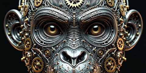 Obraz premium Intricate mechanical monkey head close up. Detailed robot face with gears, circuits, gold accents on dark background. Futuristic cybernetic animal illustration.