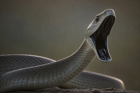 Black mamba defensive gape with dramatic rim light
