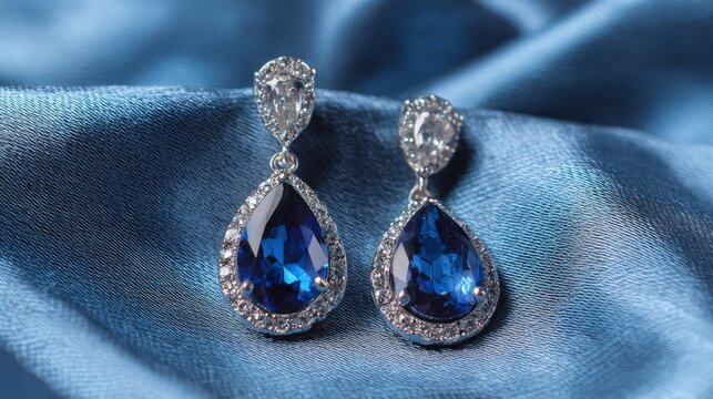 Elegant pair of platinum sapphire earrings on luxurious blue satin background, fine female jewelry close up, premium gemstone earrings for luxury fashion, wedding gift, anniversary, bridal accessories