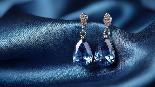 Elegant pair of platinum sapphire earrings on luxurious blue satin background, fine female jewelry close up, premium gemstone earrings for luxury fashion, wedding gift, anniversary, bridal accessories