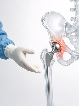 Surgeon displays a detailed medical illustration of a hip replacement implant within a human pelvis.