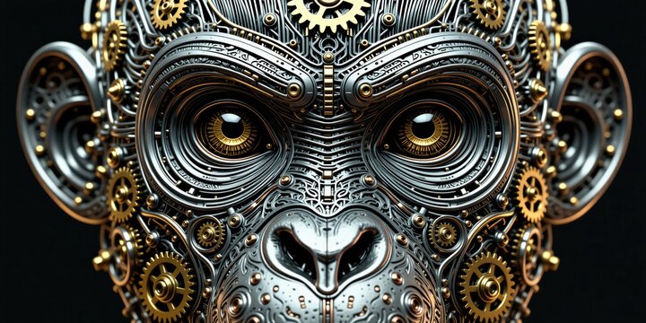 Intricate mechanical monkey head close up. Detailed robot face with gears, circuits, gold accents on dark background. Futuristic cybernetic animal illustration.