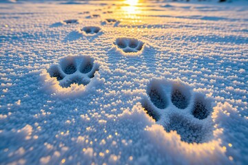 Animal paw prints in fresh snow during golden hour. Close-up tracks show texture of frozen ground. Winter sunlight creates sparkle pattern on snowy surface. © Vadym
