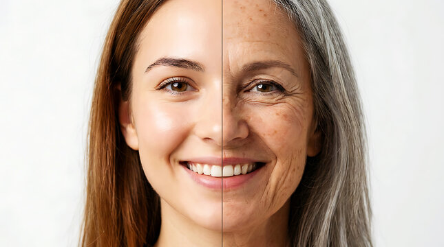 Side-by-side portrait of a woman at two ages, smiling, brown hair, white background