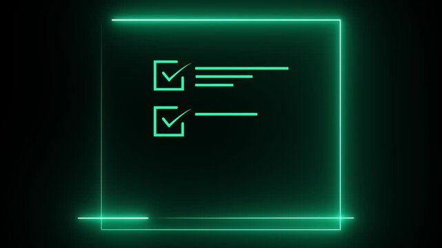 Digital Glowing checklist and approval workflow showing business document validation and task tracking system for decision making.  Motion Graphic. 4k video