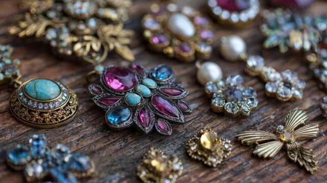Vintage jewelry collection with antique gold and silver accessories, elegant gemstone necklaces, rings, bracelets and earrings on classic luxury background