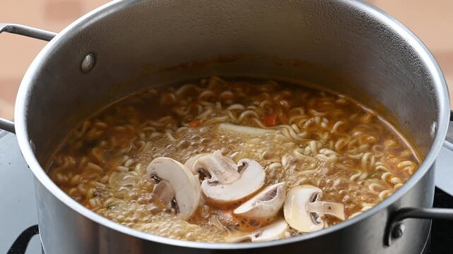 Adding sliced champignon mushroom into a pot of boiling spicy instant noodles soup and stirring with a wooden spatula