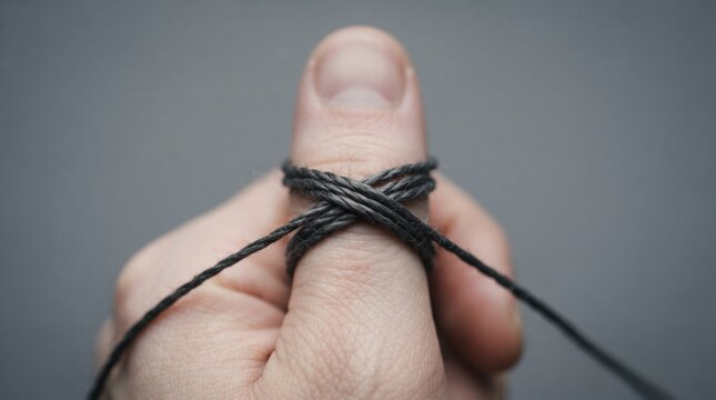 A hand skillfully wraps black string around the thumb, creating an intricate knot. The soft, neutral background emphasizes the focus on the craftsmanship and attention to detail.